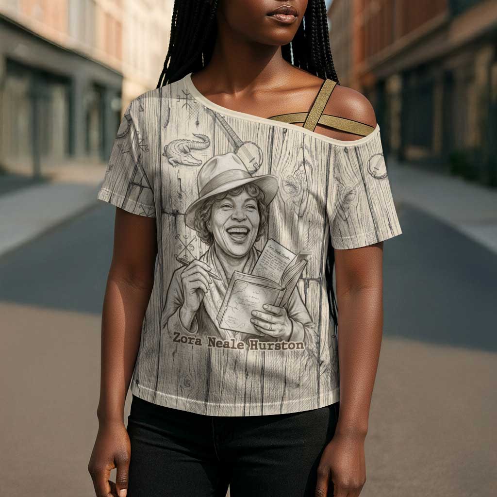 Zora Neale Hurston Cross Shoulder Shirt Rustic Wood Engraved Style Illustration Joyful Portrait with Book and Map Donkey - Wonder Print Shop