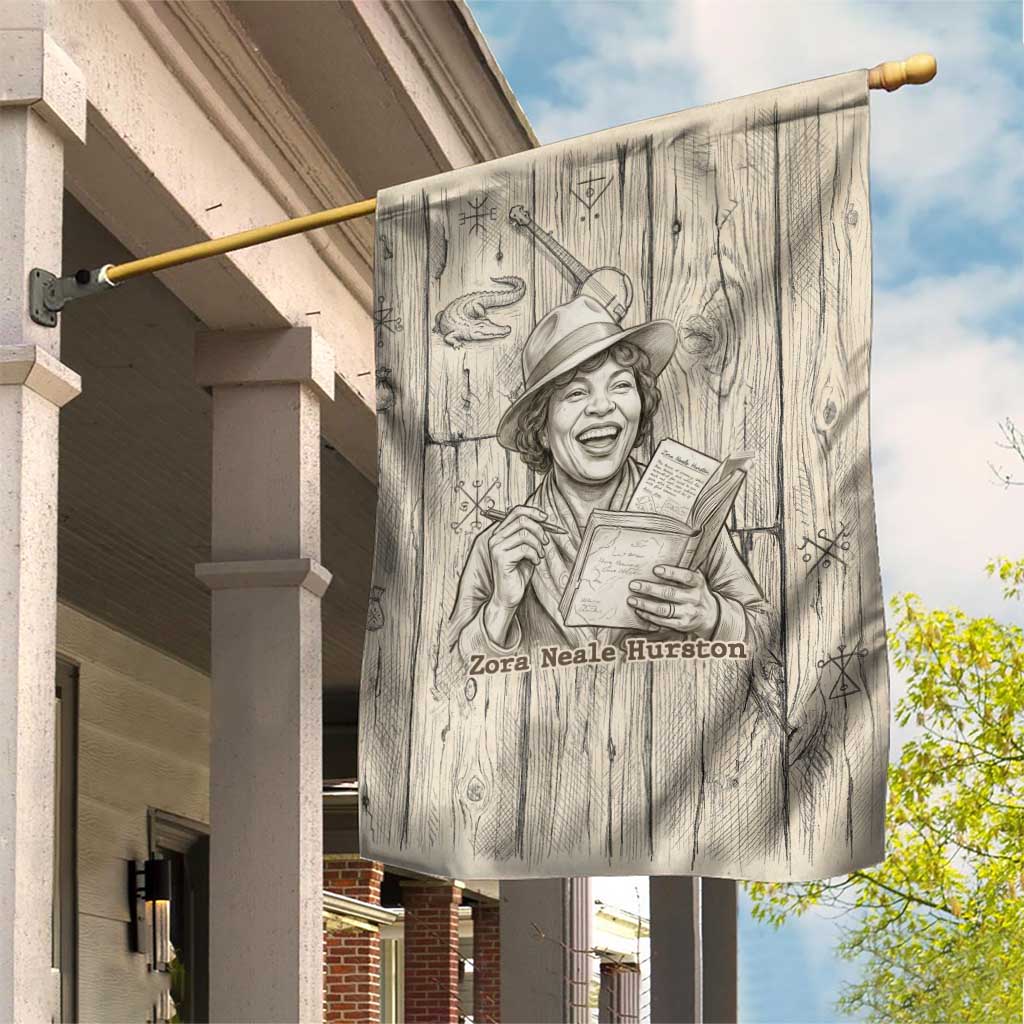 Zora Neale Hurston Garden Flag Rustic Wood Engraved Style Illustration Joyful Portrait with Book and Map Donkey - Wonder Print Shop