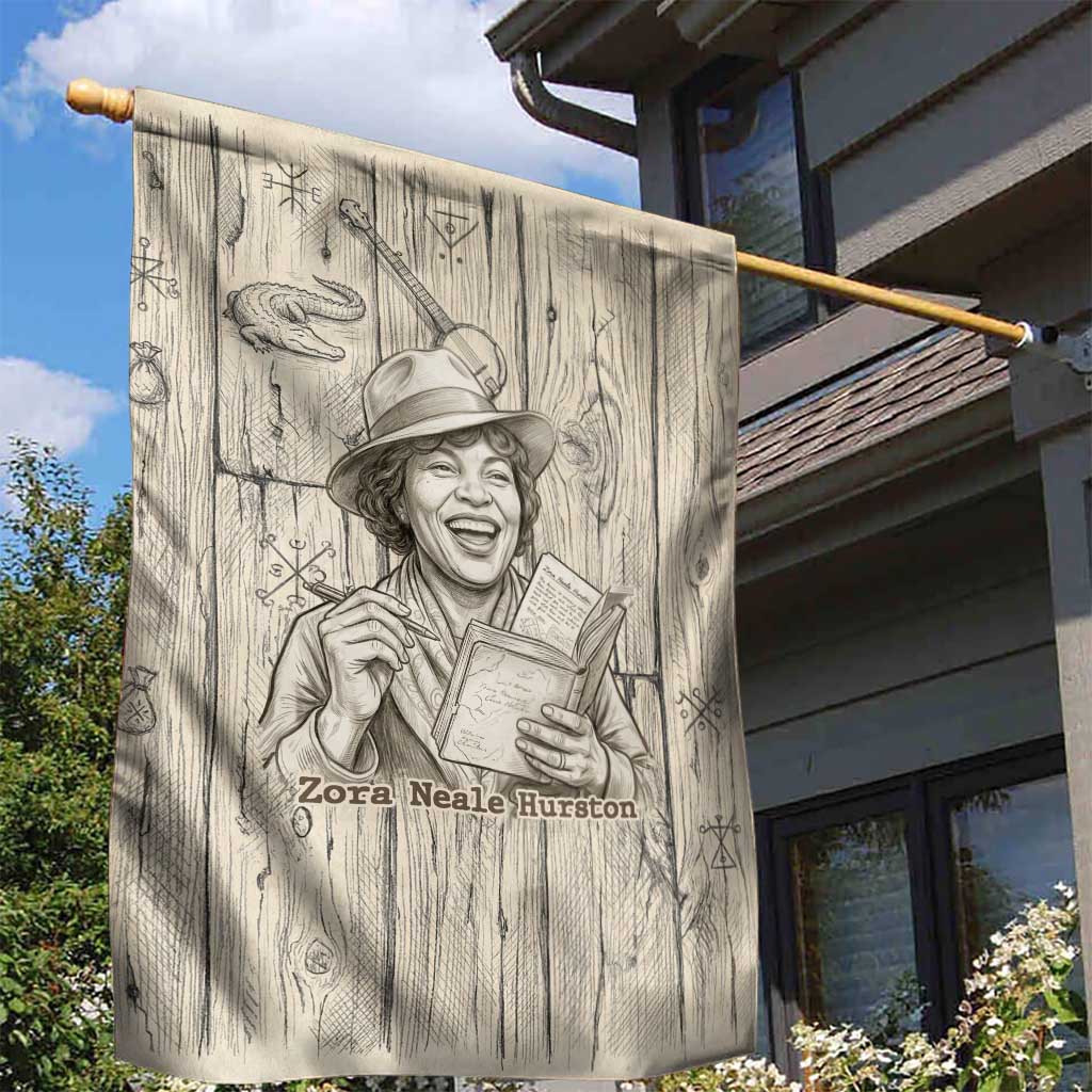 Zora Neale Hurston Garden Flag Rustic Wood Engraved Style Illustration Joyful Portrait with Book and Map Donkey - Wonder Print Shop