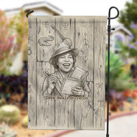 Zora Neale Hurston Garden Flag Rustic Wood Engraved Style Illustration Joyful Portrait with Book and Map Donkey - Wonder Print Shop