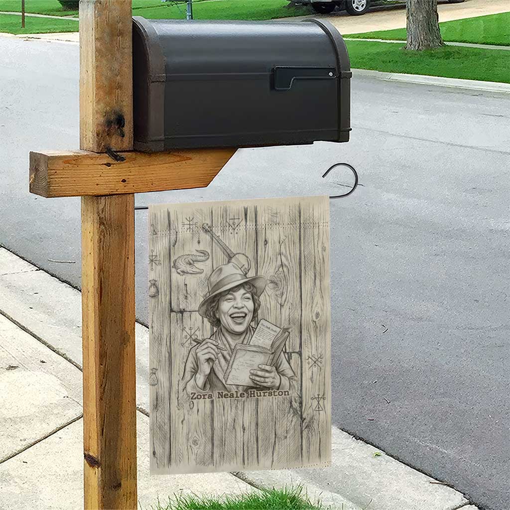 Zora Neale Hurston Garden Flag Rustic Wood Engraved Style Illustration Joyful Portrait with Book and Map Donkey - Wonder Print Shop