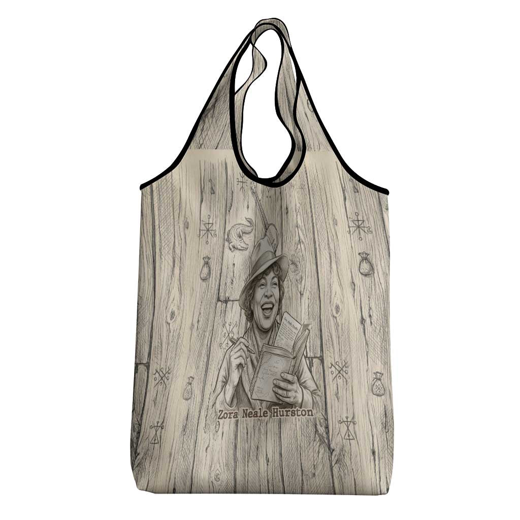 Zora Neale Hurston Grocery Bag Rustic Wood Engraved Style Illustration Joyful Portrait with Book and Map Donkey - Wonder Print Shop