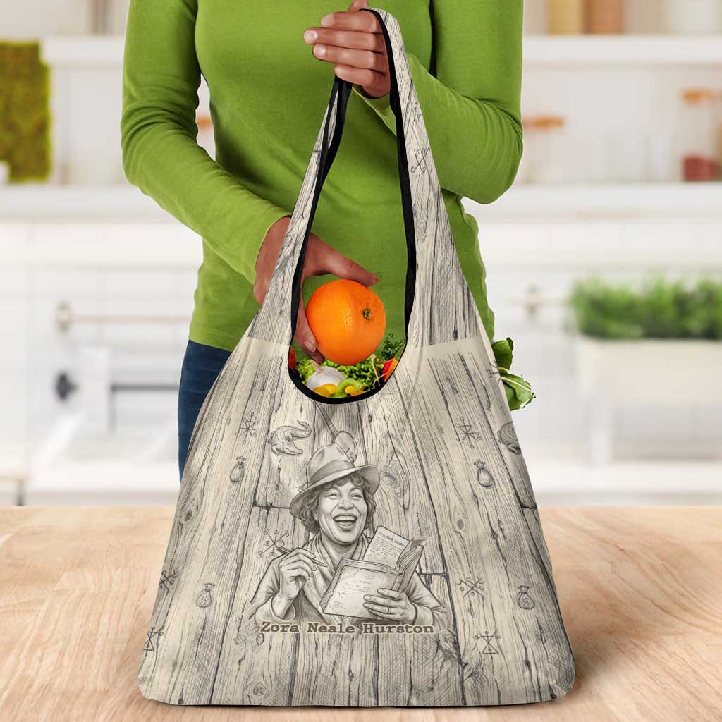 Zora Neale Hurston Grocery Bag Rustic Wood Engraved Style Illustration Joyful Portrait with Book and Map Donkey - Wonder Print Shop