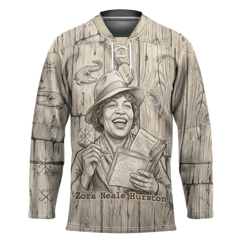 Zora Neale Hurston Hockey Jersey Rustic Wood Engraved Style Illustration Joyful Portrait with Book and Map Donkey - Wonder Print Shop