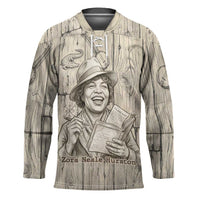 Zora Neale Hurston Hockey Jersey Rustic Wood Engraved Style Illustration Joyful Portrait with Book and Map Donkey - Wonder Print Shop