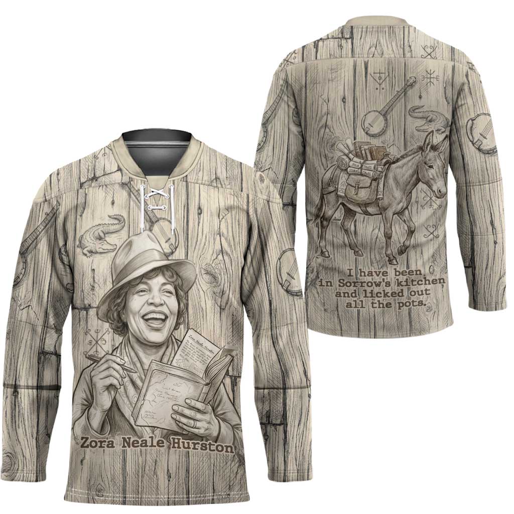 Zora Neale Hurston Hockey Jersey Rustic Wood Engraved Style Illustration Joyful Portrait with Book and Map Donkey - Wonder Print Shop