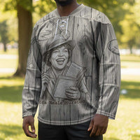 Zora Neale Hurston Hockey Jersey Rustic Wood Engraved Style Illustration Joyful Portrait with Book and Map Donkey - Wonder Print Shop