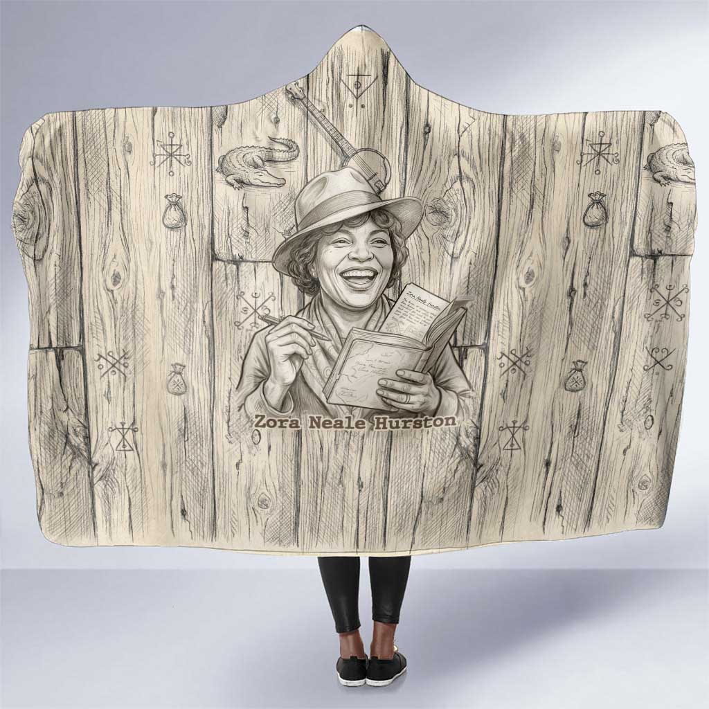 Zora Neale Hurston Hooded Blanket Rustic Wood Engraved Style Illustration Joyful Portrait with Book and Map Donkey - Wonder Print Shop