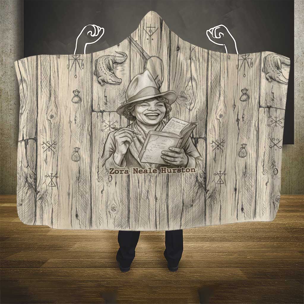 Zora Neale Hurston Hooded Blanket Rustic Wood Engraved Style Illustration Joyful Portrait with Book and Map Donkey - Wonder Print Shop