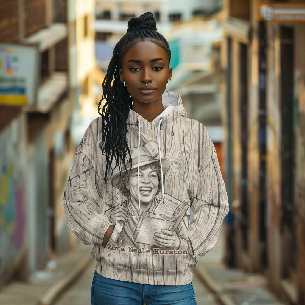 Zora Neale Hurston Hoodie Rustic Wood Engraved Style Illustration Joyful Portrait with Book and Map Donkey - Wonder Print Shop
