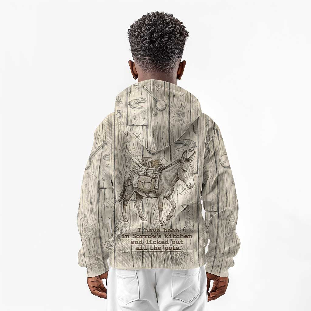 Zora Neale Hurston Kid Hoodie Rustic Wood Engraved Style Illustration Joyful Portrait with Book and Map Donkey - Wonder Print Shop