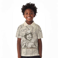 Zora Neale Hurston Kid Polo Shirt Rustic Wood Engraved Style Illustration Joyful Portrait with Book and Map Donkey - Wonder Print Shop
