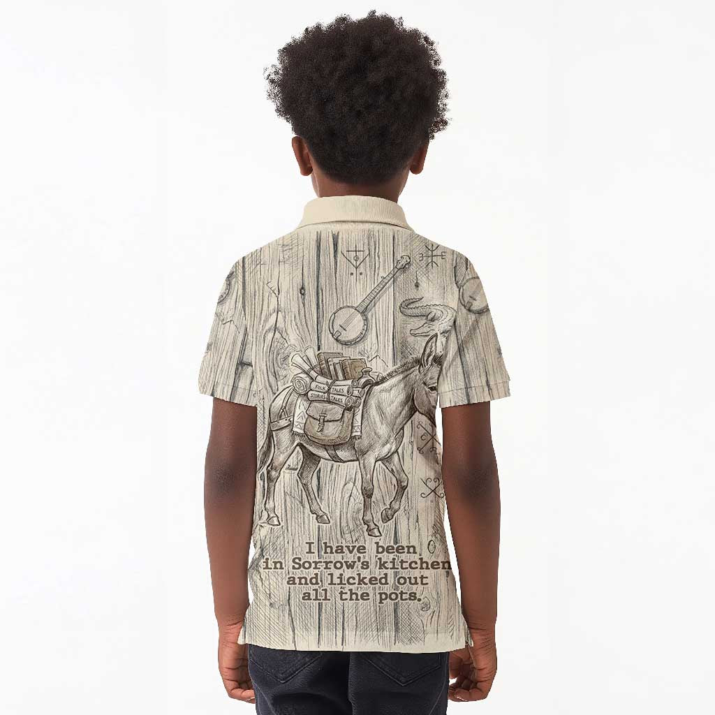 Zora Neale Hurston Kid Polo Shirt Rustic Wood Engraved Style Illustration Joyful Portrait with Book and Map Donkey - Wonder Print Shop
