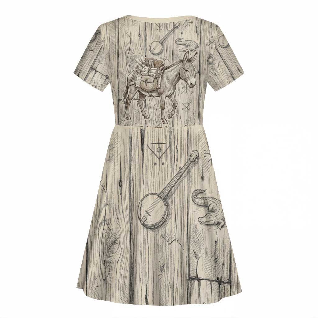 Zora Neale Hurston Kid Short Sleeve Dress Rustic Wood Engraved Style Illustration Joyful Portrait with Book and Map Donkey - Wonder Print Shop