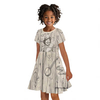 Zora Neale Hurston Kid Short Sleeve Dress Rustic Wood Engraved Style Illustration Joyful Portrait with Book and Map Donkey - Wonder Print Shop