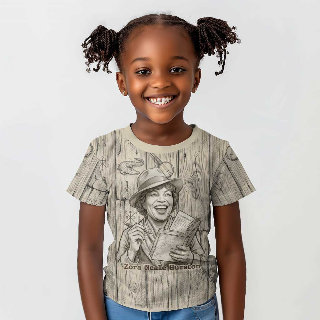 Zora Neale Hurston Kid T shirt Rustic Wood Engraved Style Illustration Joyful Portrait with Book and Map Donkey - Wonder Print Shop
