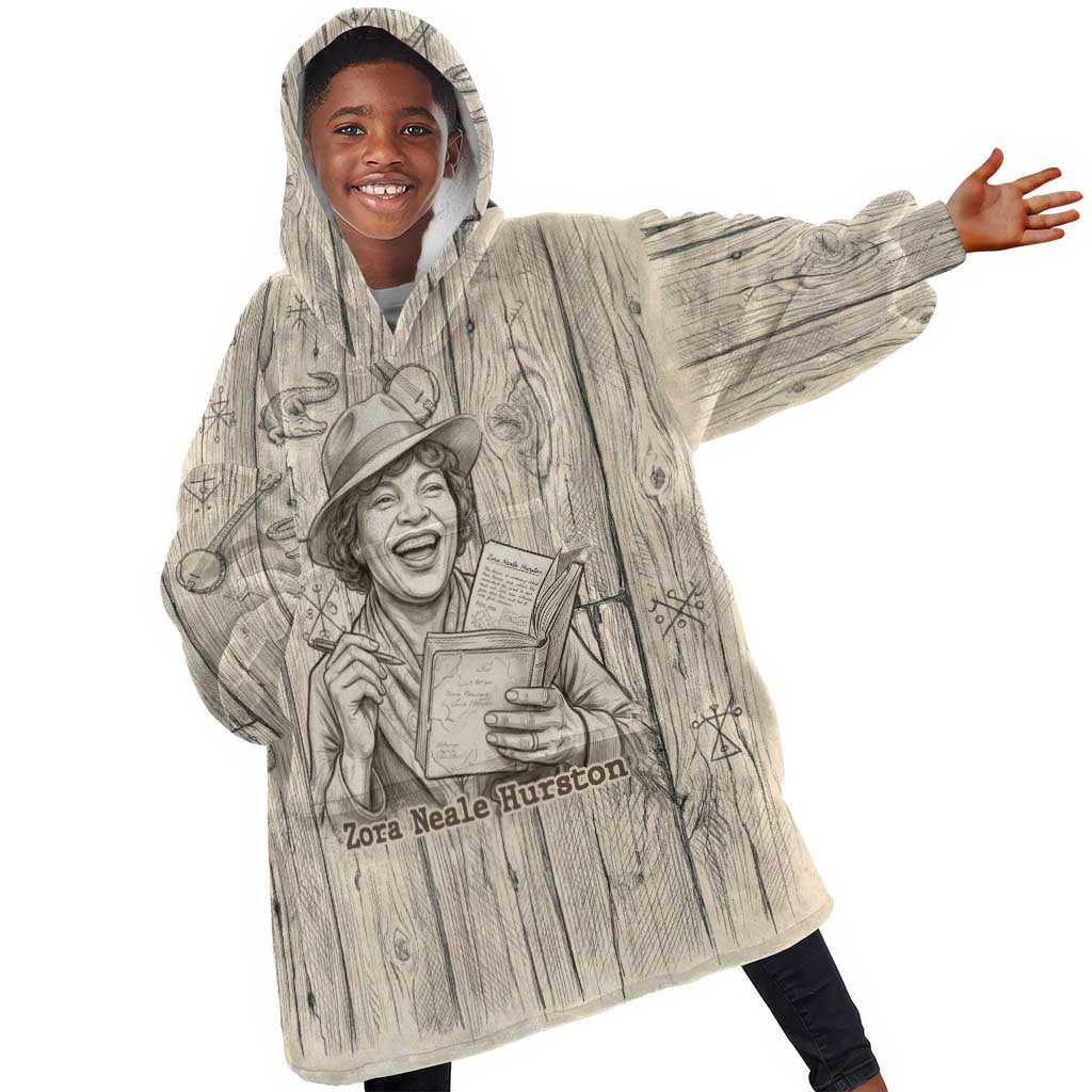 Zora Neale Hurston Kid Wearable Blanket Hoodie Rustic Wood Engraved Style Illustration Joyful Portrait with Book and Map Donkey - Wonder Print Shop