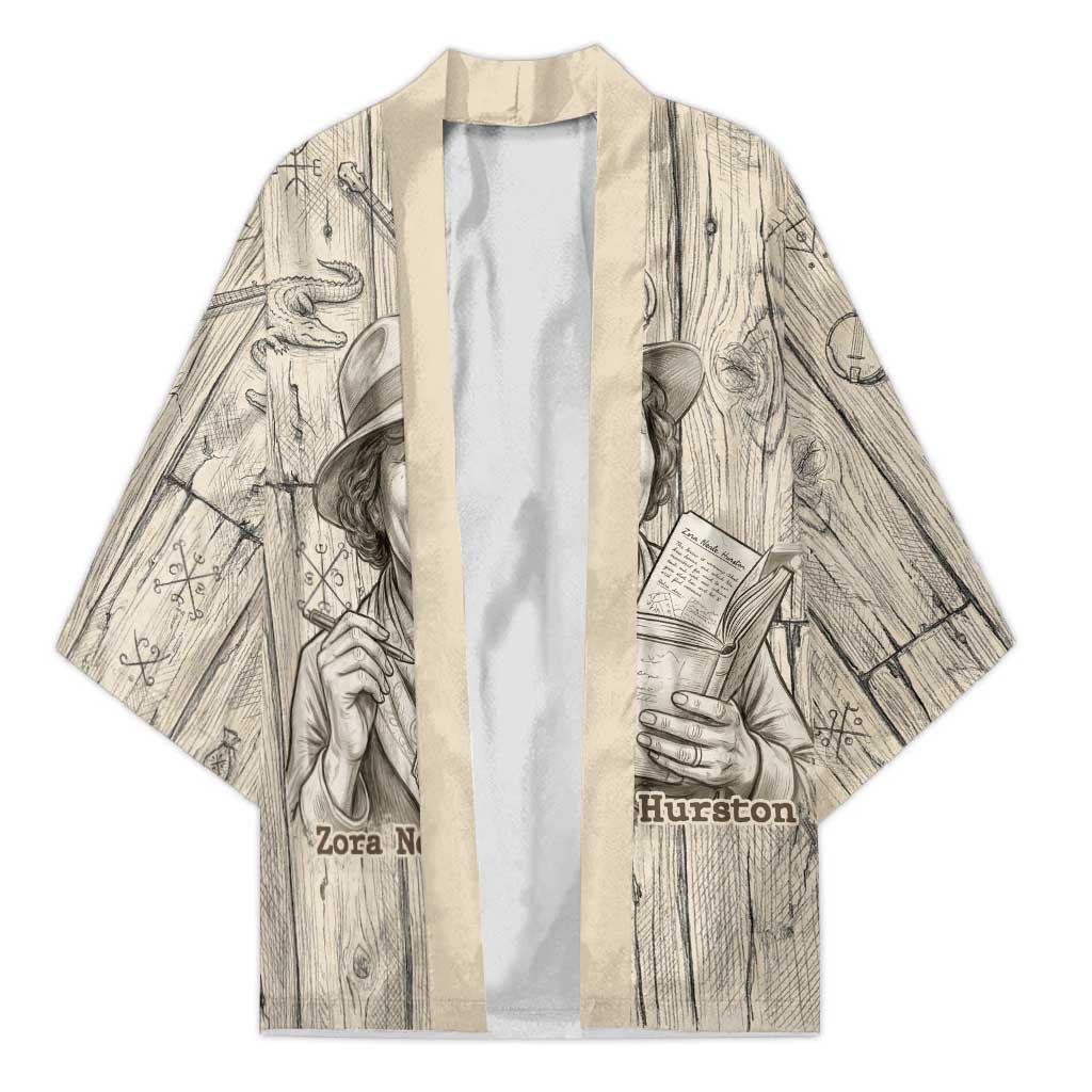 Zora Neale Hurston Kimono Rustic Wood Engraved Style Illustration Joyful Portrait with Book and Map Donkey - Wonder Print Shop