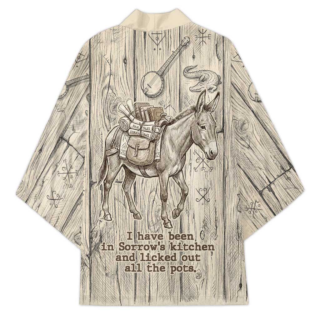 Zora Neale Hurston Kimono Rustic Wood Engraved Style Illustration Joyful Portrait with Book and Map Donkey - Wonder Print Shop