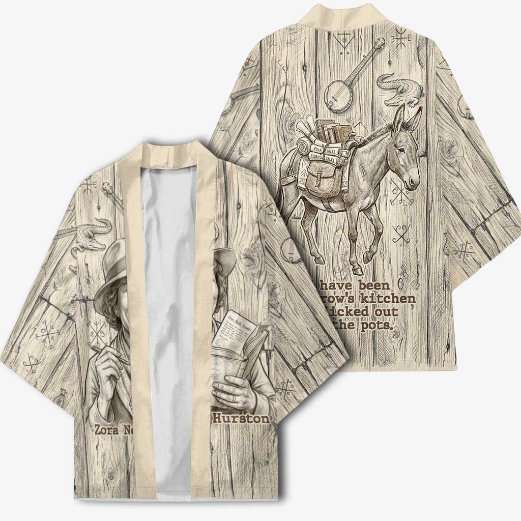 Zora Neale Hurston Kimono Rustic Wood Engraved Style Illustration Joyful Portrait with Book and Map Donkey - Wonder Print Shop