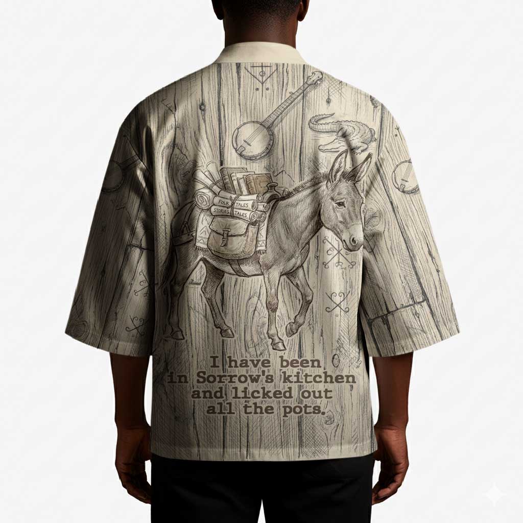 Zora Neale Hurston Kimono Rustic Wood Engraved Style Illustration Joyful Portrait with Book and Map Donkey - Wonder Print Shop