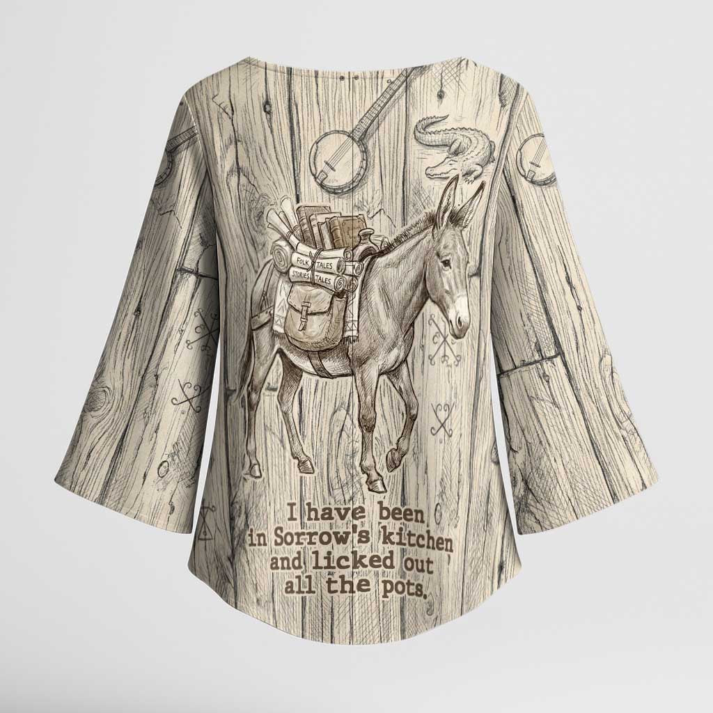 Zora Neale Hurston Kimono Sleeve Blouse Rustic Wood Engraved Style Illustration Joyful Portrait with Book and Map Donkey - Wonder Print Shop