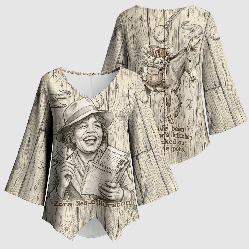 Zora Neale Hurston Kimono Sleeve Blouse Rustic Wood Engraved Style Illustration Joyful Portrait with Book and Map Donkey - Wonder Print Shop