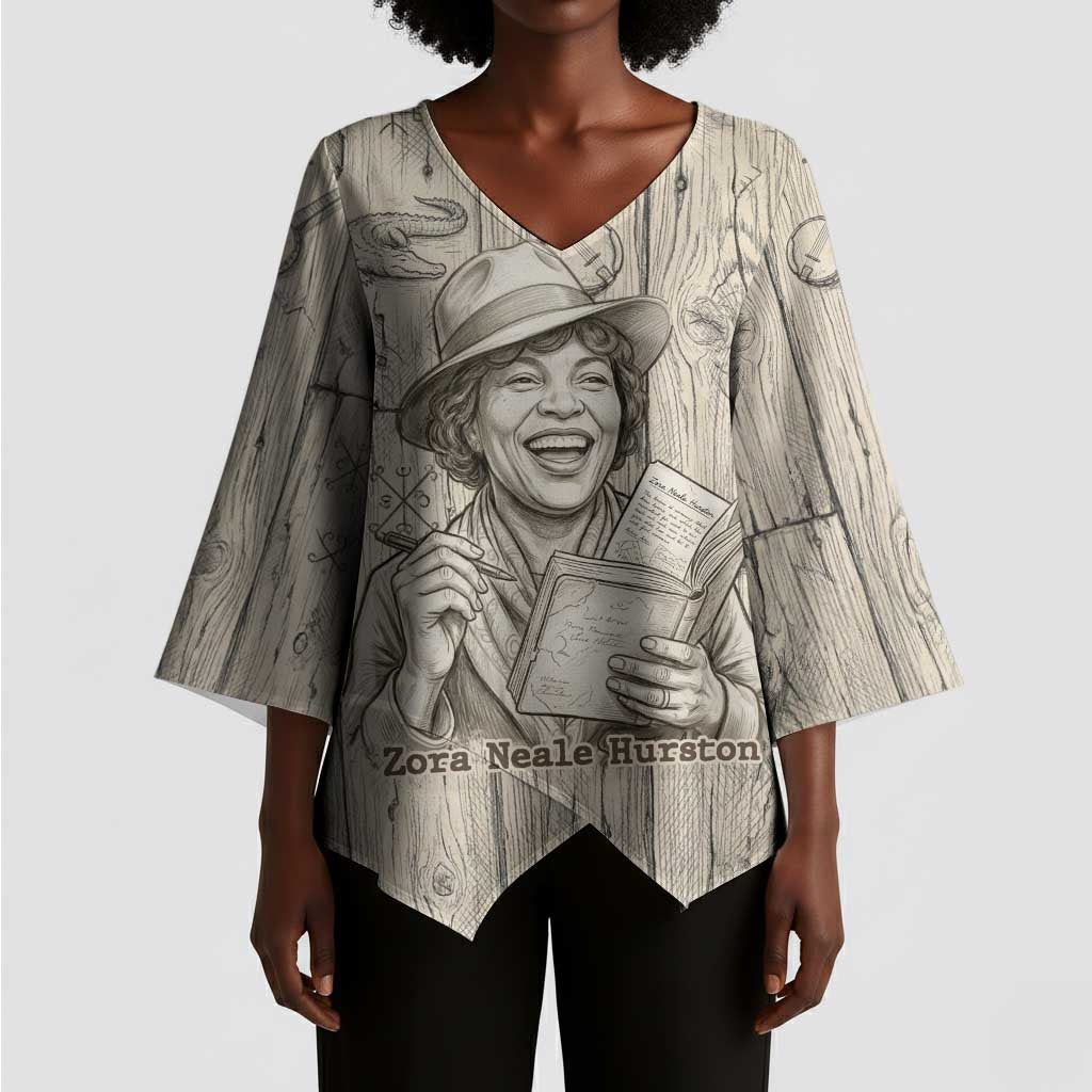 Zora Neale Hurston Kimono Sleeve Blouse Rustic Wood Engraved Style Illustration Joyful Portrait with Book and Map Donkey - Wonder Print Shop