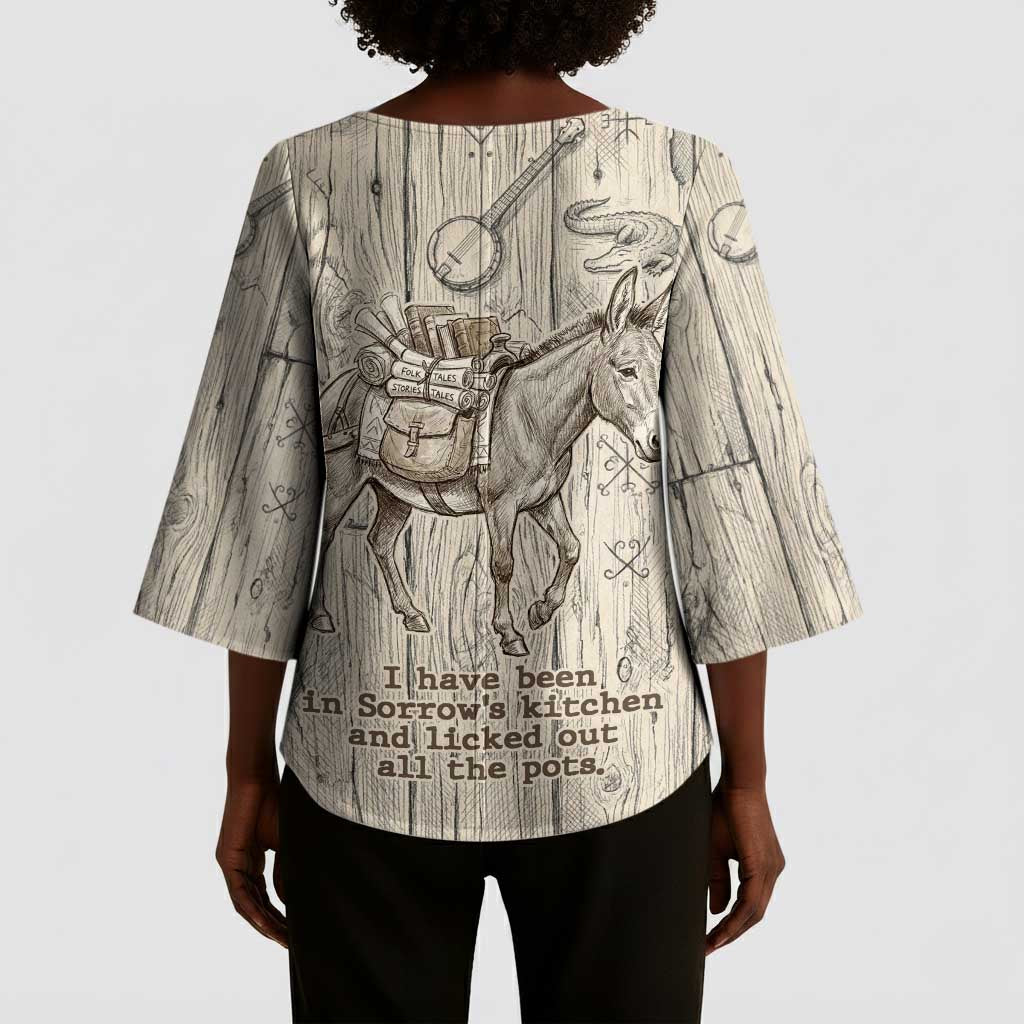 Zora Neale Hurston Kimono Sleeve Blouse Rustic Wood Engraved Style Illustration Joyful Portrait with Book and Map Donkey - Wonder Print Shop