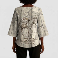 Zora Neale Hurston Kimono Sleeve Blouse Rustic Wood Engraved Style Illustration Joyful Portrait with Book and Map Donkey - Wonder Print Shop