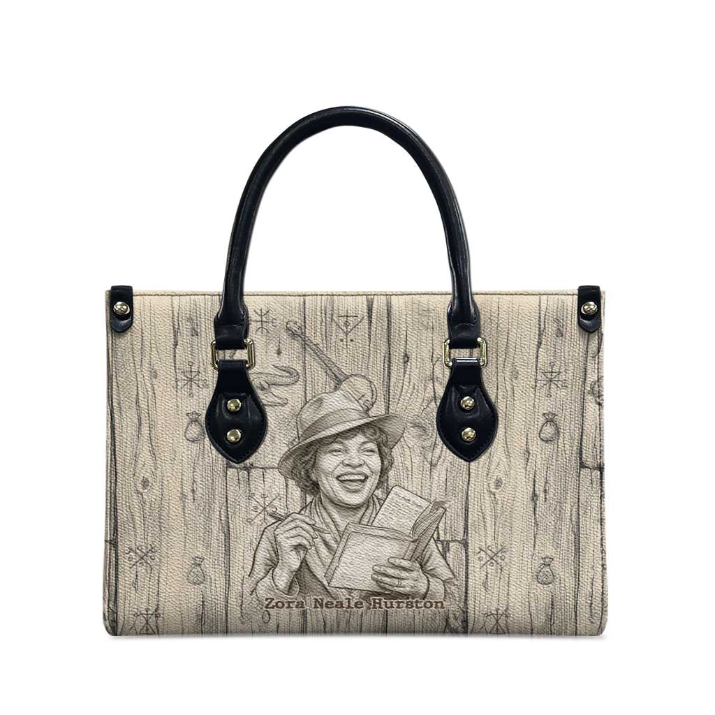 Zora Neale Hurston Leather Bag Rustic Wood Engraved Style Illustration Joyful Portrait with Book and Map Donkey - Wonder Print Shop