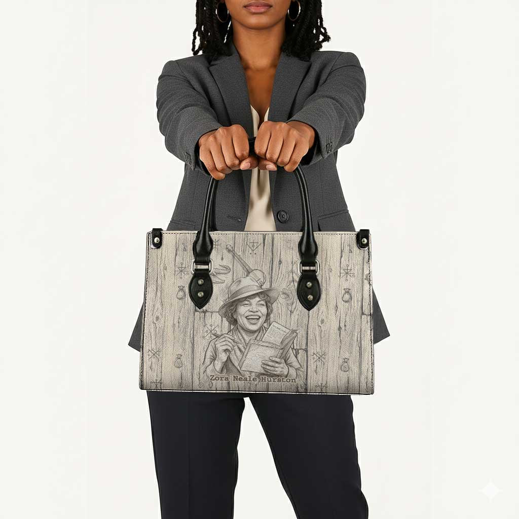 Zora Neale Hurston Leather Bag Rustic Wood Engraved Style Illustration Joyful Portrait with Book and Map Donkey - Wonder Print Shop