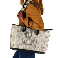 Zora Neale Hurston Leather Tote Bag Rustic Wood Engraved Style Illustration Joyful Portrait with Book and Map Donkey - Wonder Print Shop