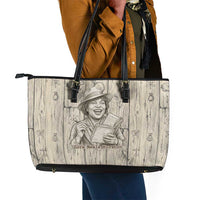 Zora Neale Hurston Leather Tote Bag Rustic Wood Engraved Style Illustration Joyful Portrait with Book and Map Donkey - Wonder Print Shop