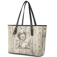 Zora Neale Hurston Leather Tote Bag Rustic Wood Engraved Style Illustration Joyful Portrait with Book and Map Donkey - Wonder Print Shop