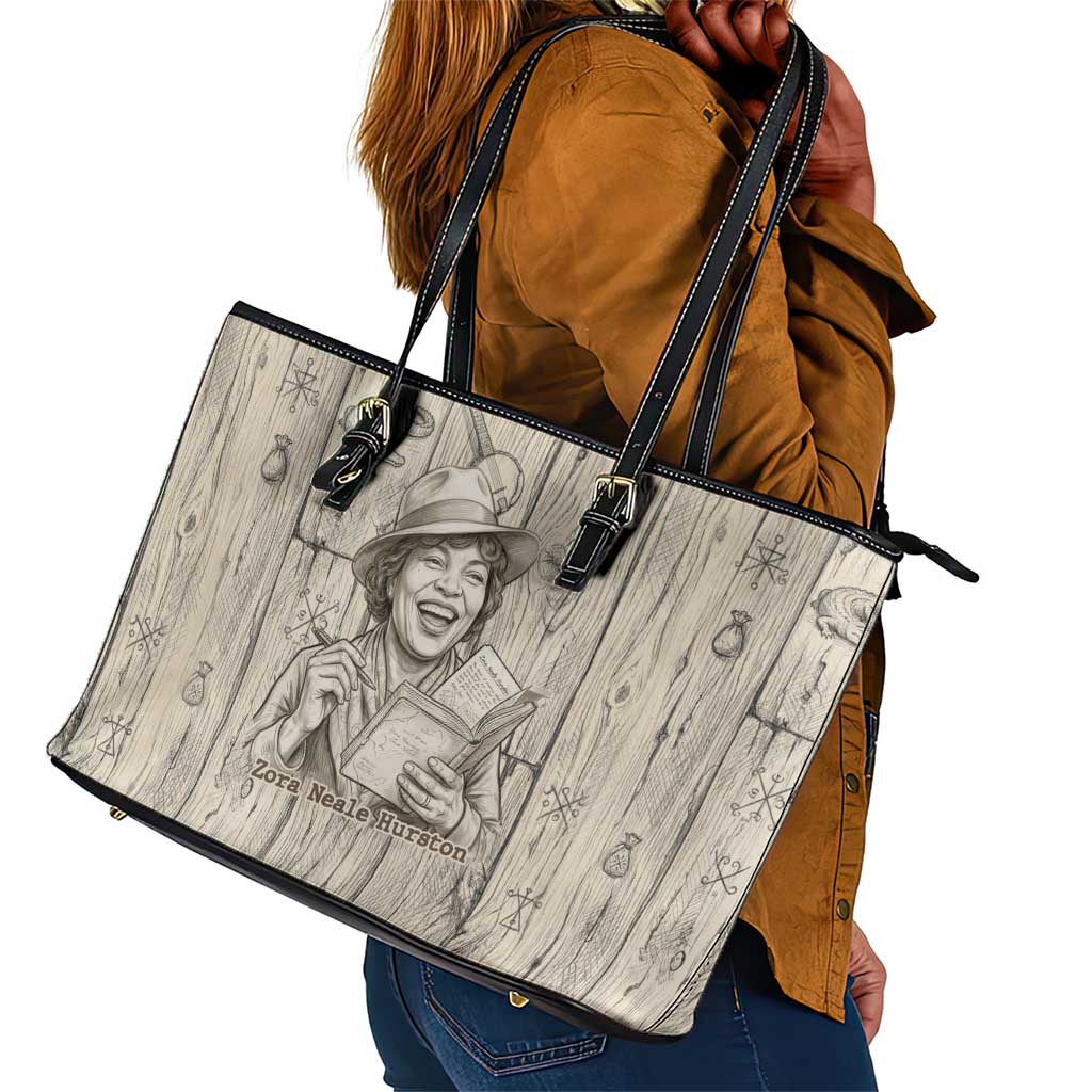 Zora Neale Hurston Leather Tote Bag Rustic Wood Engraved Style Illustration Joyful Portrait with Book and Map Donkey - Wonder Print Shop