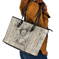 Zora Neale Hurston Leather Tote Bag Rustic Wood Engraved Style Illustration Joyful Portrait with Book and Map Donkey - Wonder Print Shop