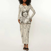 Zora Neale Hurston Long Sleeve Bodycon Dress Rustic Wood Engraved Style Illustration Joyful Portrait with Book and Map Donkey - Wonder Print Shop