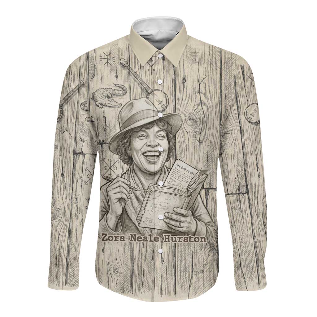 Zora Neale Hurston Long Sleeve Button Shirt Rustic Wood Engraved Style Illustration Joyful Portrait with Book and Map Donkey - Wonder Print Shop
