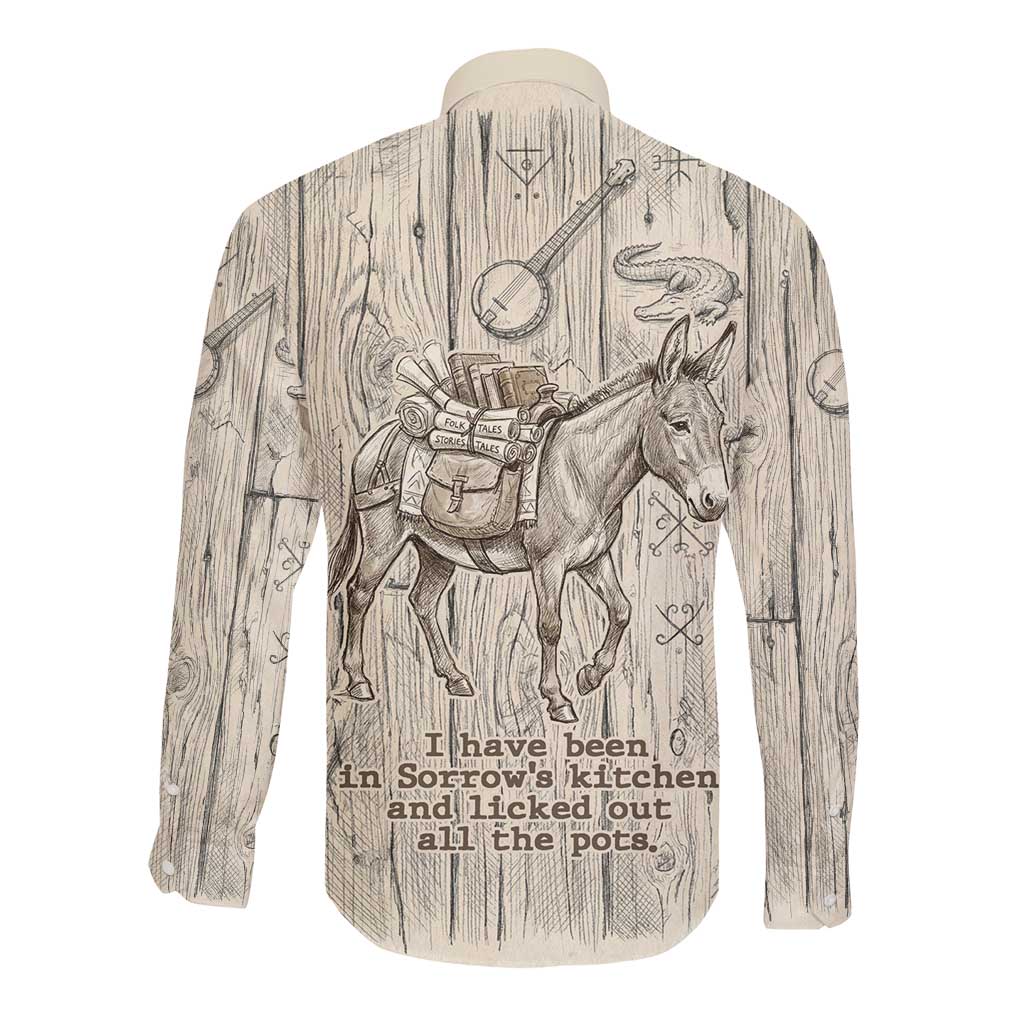 Zora Neale Hurston Long Sleeve Button Shirt Rustic Wood Engraved Style Illustration Joyful Portrait with Book and Map Donkey - Wonder Print Shop