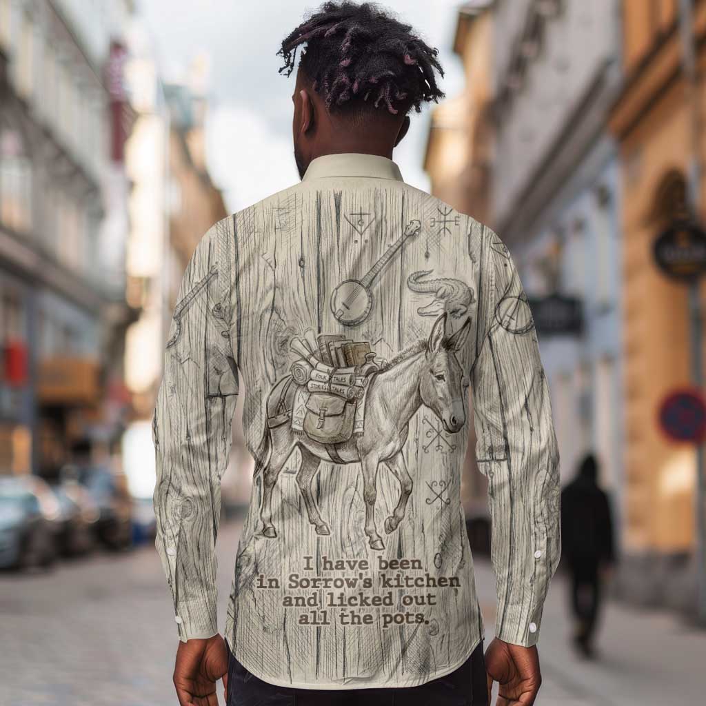 Zora Neale Hurston Long Sleeve Button Shirt Rustic Wood Engraved Style Illustration Joyful Portrait with Book and Map Donkey - Wonder Print Shop