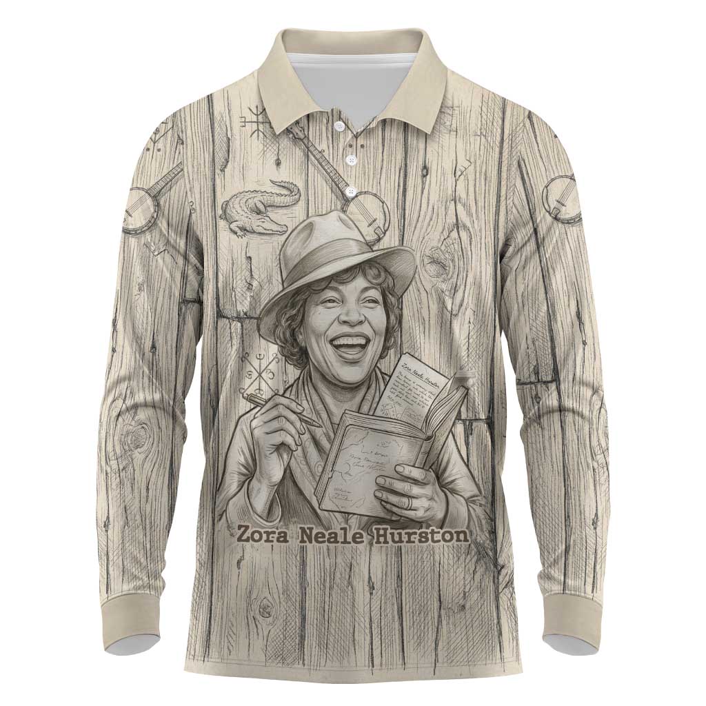 Zora Neale Hurston Long Sleeve Polo Shirt Rustic Wood Engraved Style Illustration Joyful Portrait with Book and Map Donkey - Wonder Print Shop