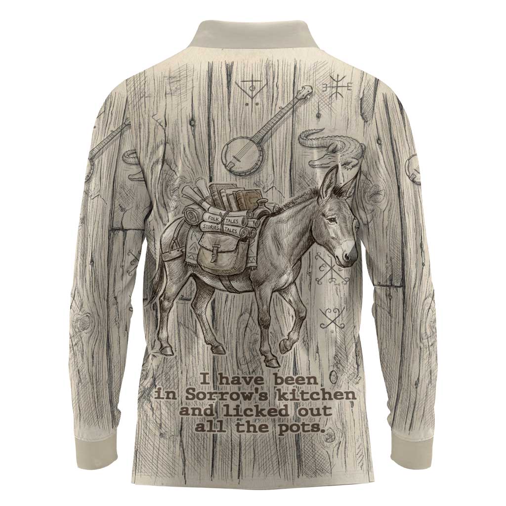 Zora Neale Hurston Long Sleeve Polo Shirt Rustic Wood Engraved Style Illustration Joyful Portrait with Book and Map Donkey - Wonder Print Shop