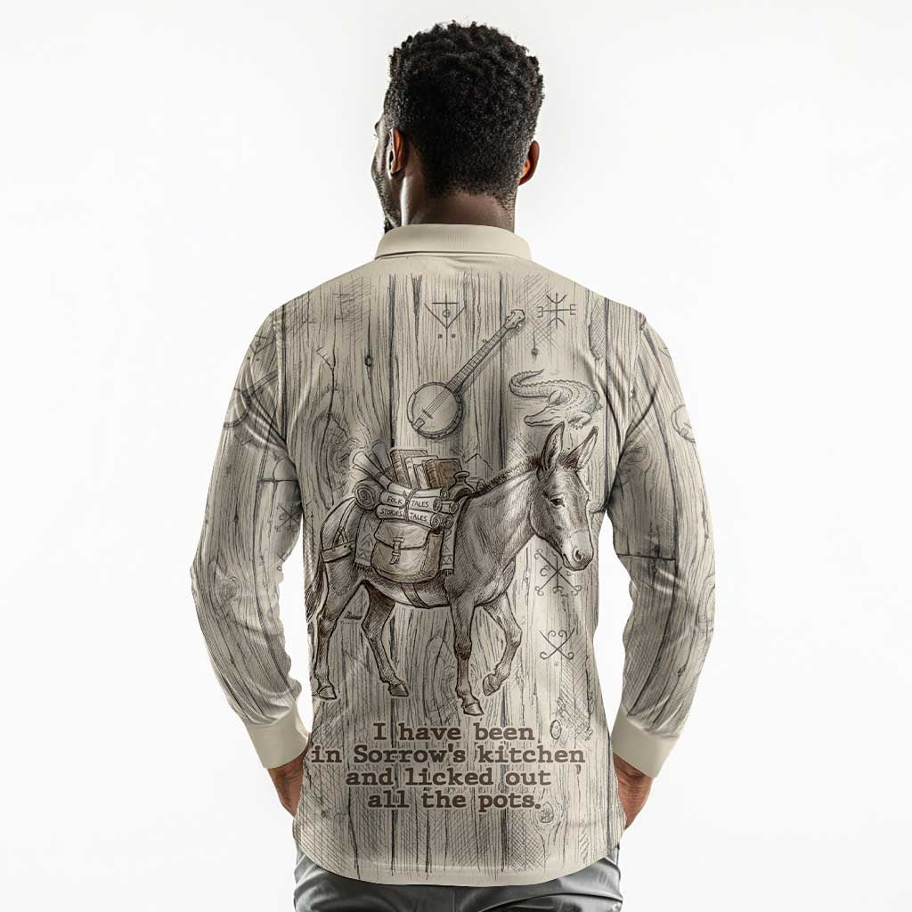 Zora Neale Hurston Long Sleeve Polo Shirt Rustic Wood Engraved Style Illustration Joyful Portrait with Book and Map Donkey - Wonder Print Shop