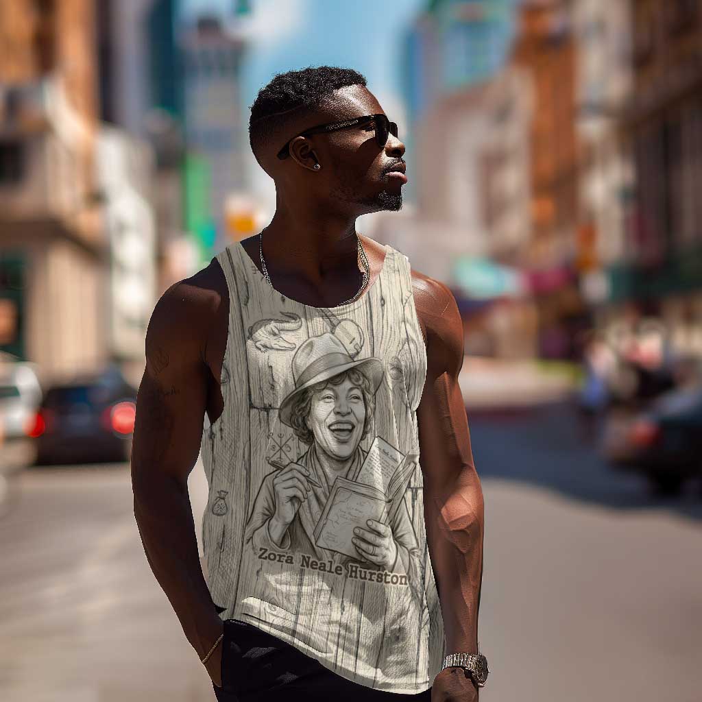 Zora Neale Hurston Men Tank Top Rustic Wood Engraved Style Illustration Joyful Portrait with Book and Map Donkey - Wonder Print Shop
