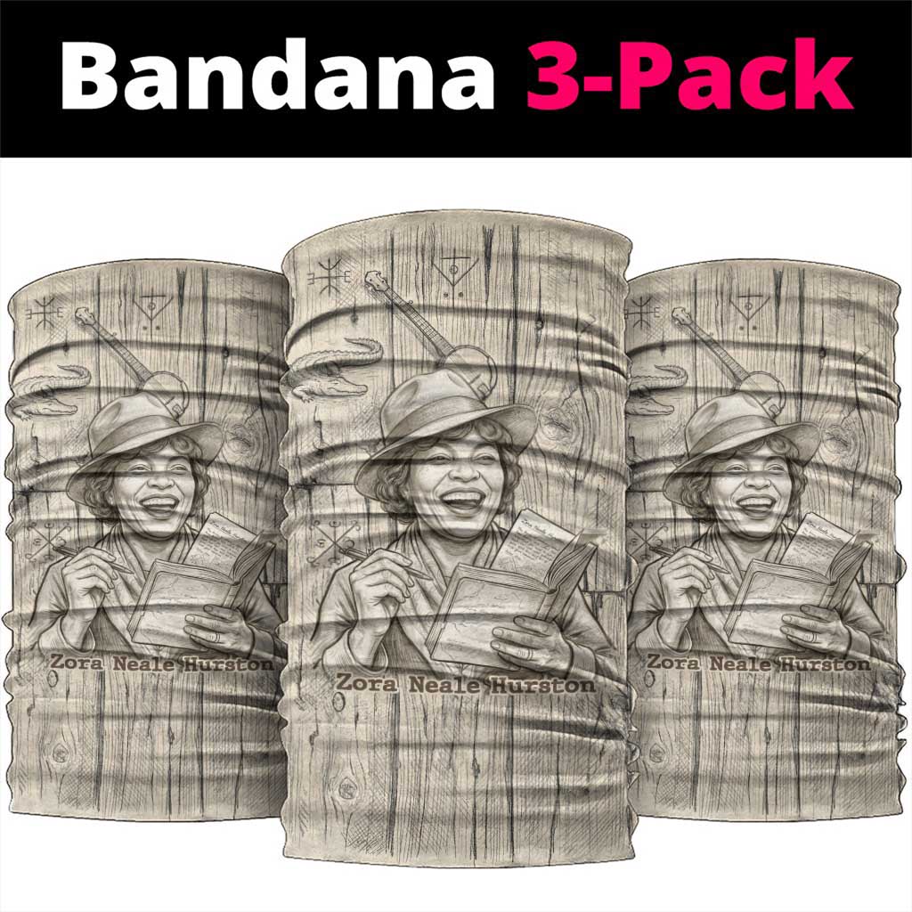 Zora Neale Hurston Neck Gaiter Rustic Wood Engraved Style Illustration Joyful Portrait with Book and Map Donkey - Wonder Print Shop