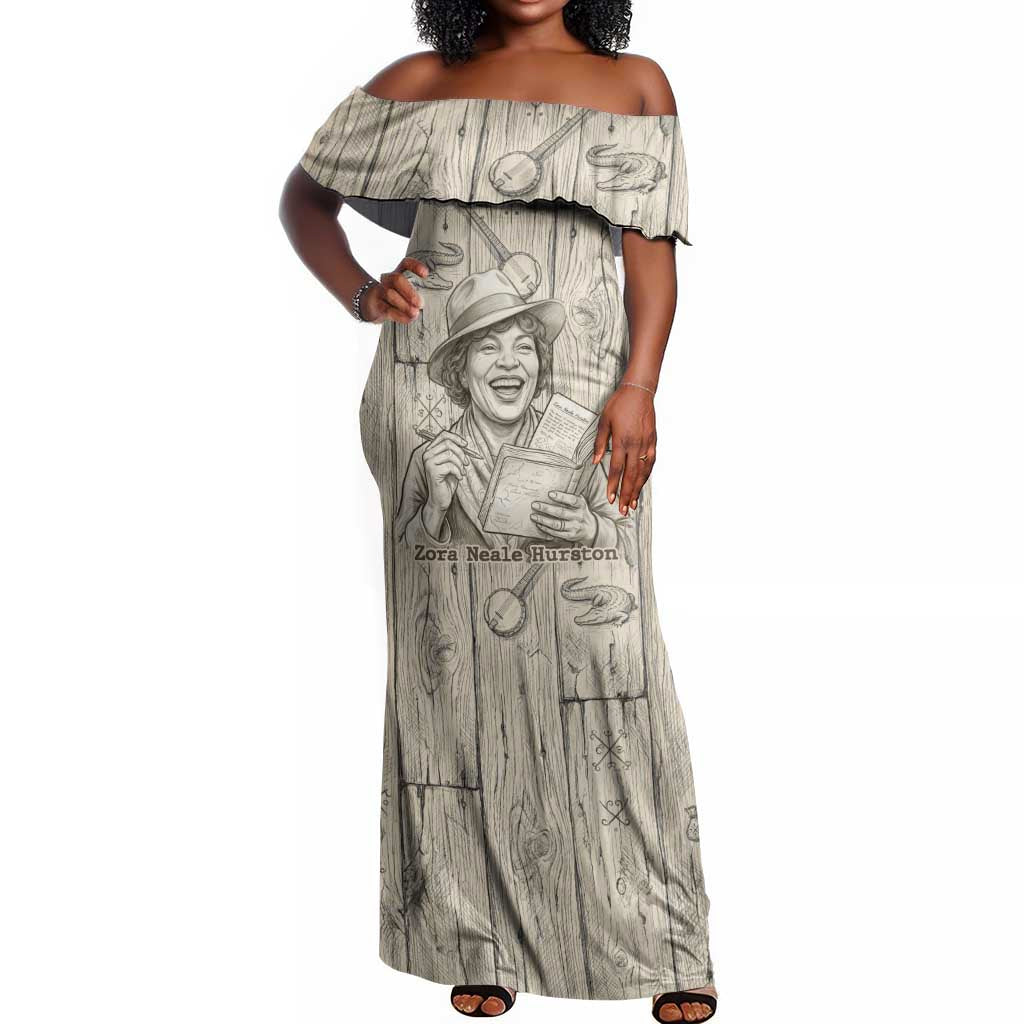 Zora Neale Hurston Off Shoulder Maxi Dress Rustic Wood Engraved Style Illustration Joyful Portrait with Book and Map Donkey - Wonder Print Shop