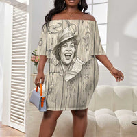 Zora Neale Hurston Off Shoulder Short Dress Rustic Wood Engraved Style Illustration Joyful Portrait with Book and Map Donkey - Wonder Print Shop