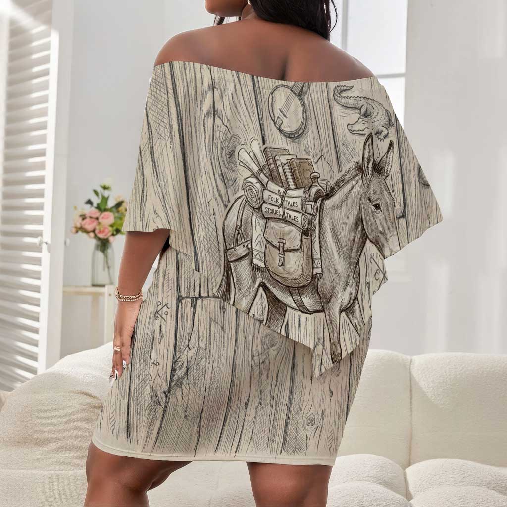 Zora Neale Hurston Off Shoulder Short Dress Rustic Wood Engraved Style Illustration Joyful Portrait with Book and Map Donkey - Wonder Print Shop