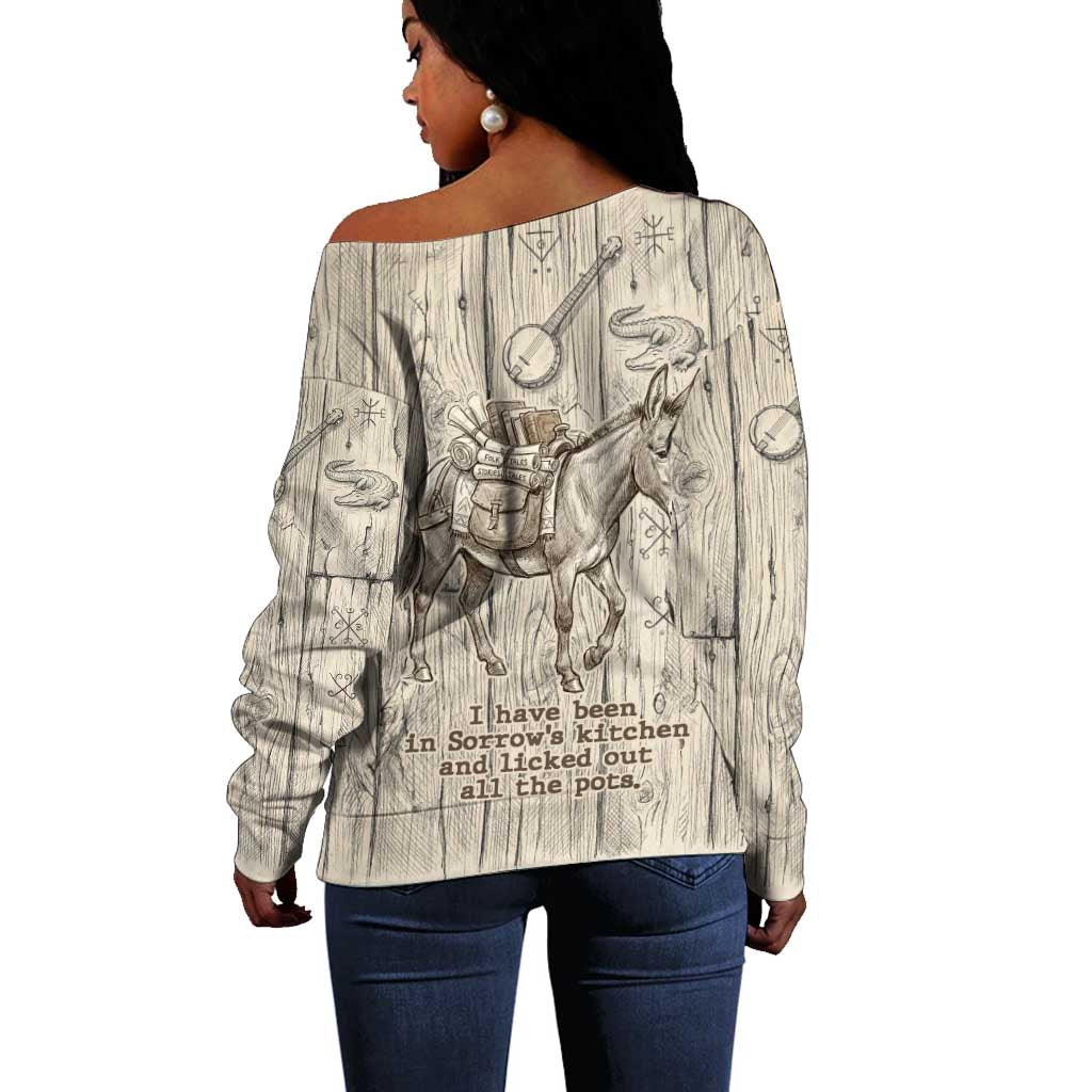 Zora Neale Hurston Off Shoulder Sweater Rustic Wood Engraved Style Illustration Joyful Portrait with Book and Map Donkey - Wonder Print Shop
